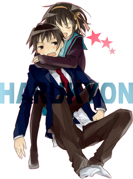 black_hair, brown_eyes, closed_eyes, hakoda_eko, kyon, school_uniform, short_hair, suzumiya_haruhi