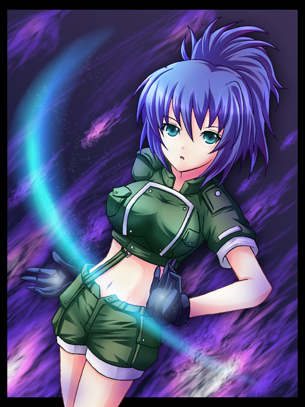 blue_hair, crop_top, dutch_angle, gloves, king_of_fighters, leona_heidern, midriff, open_fly, ponytail, purple_hair, ryusei, ryusei2u, shorts, snk, solo, unbuttoned, unzipped