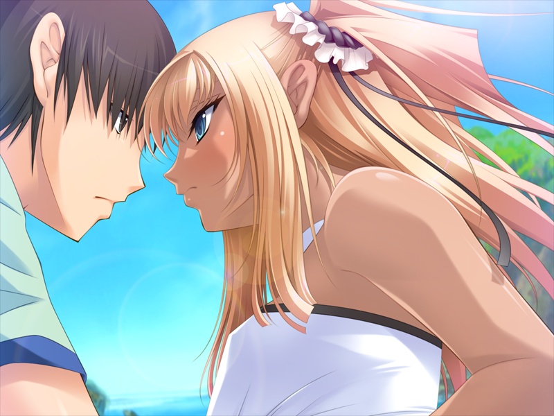 1boy, 1girl, blonde_hair, breasts, dark_skin, futaba_lili_ramses, game_cg, hair_ornament