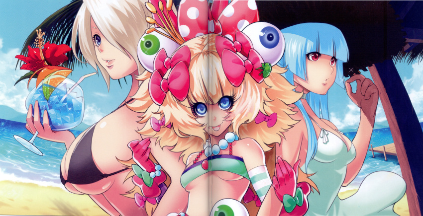 3girls, angel_(kof), beach, bikini, blonde_hair, blue_eyes, blue_hair, breasts