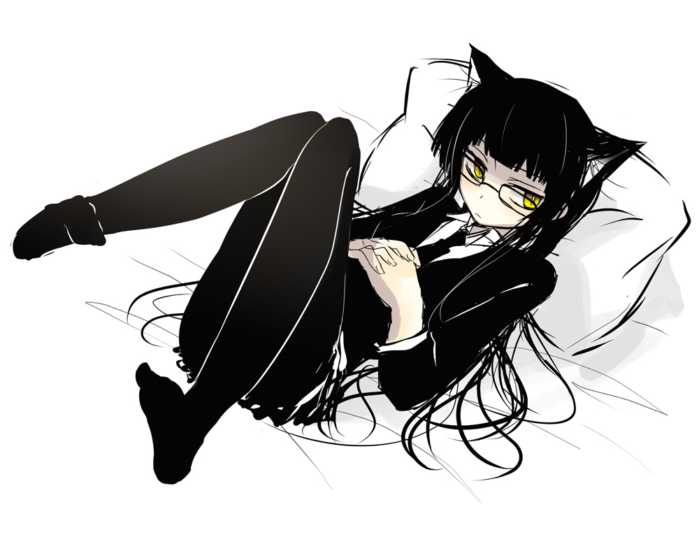 black_hair, cat_ears, feet, female_protagonist_(houkago_play), glasses, houkago_play, long_hair, necktie