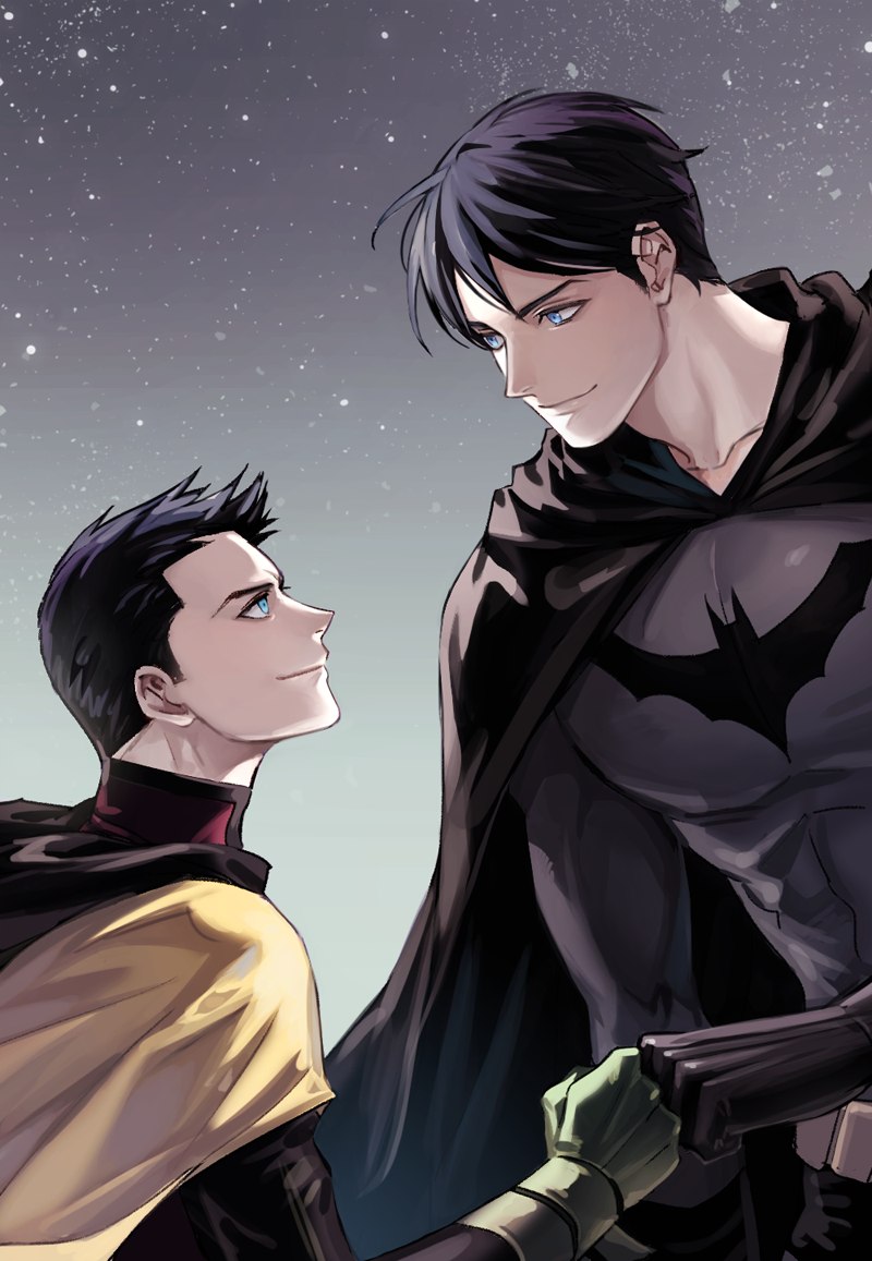 2boys, bat_symbol, batman, batman_(series), black_hair, blue_eyes, bodysuit, brothers