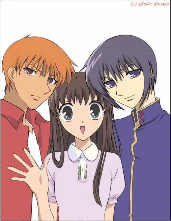 1girl, 2boys, brown_hair, fruits_basket, grey_hair, honda_tooru, looking_at_viewer, multiple_boys