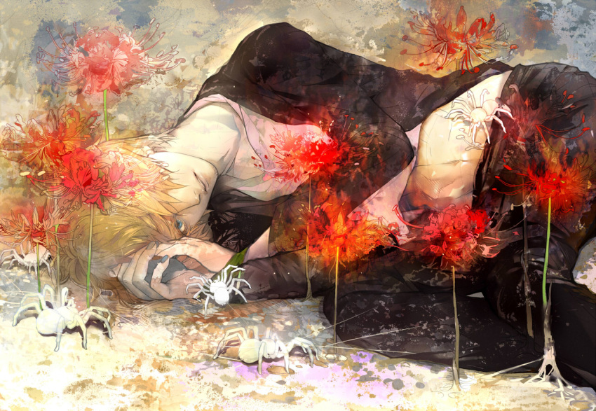 1boy, black_pants, blonde_hair, blue_eyes, bound_wrists, flower, hair_over_one_eye, looking_at_viewer, male_focus, midriff, one_piece, parted_lips, pixiv_id_4407132, sanji, shirt_lift, solo, spider, spider_lily, tarantula