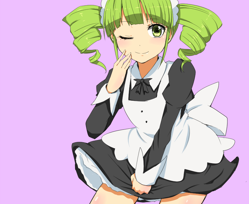 1girl, bangs, blunt_bangs, blush, cowboy_shot, dress_tug, drill_hair, green_eyes