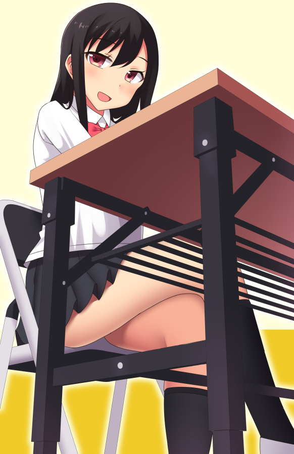 1girl, black_hair, black_socks, desk, female, from_below, legs, legs_crossed