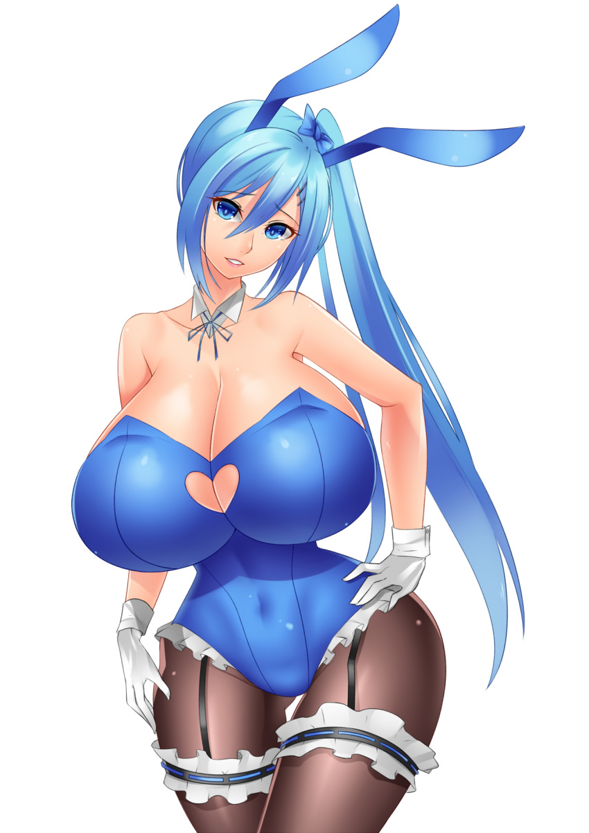 1girl, bare_shoulders, black_legwear, blue_eyes, blue_hair, bluespice, breasts, bunny_girl