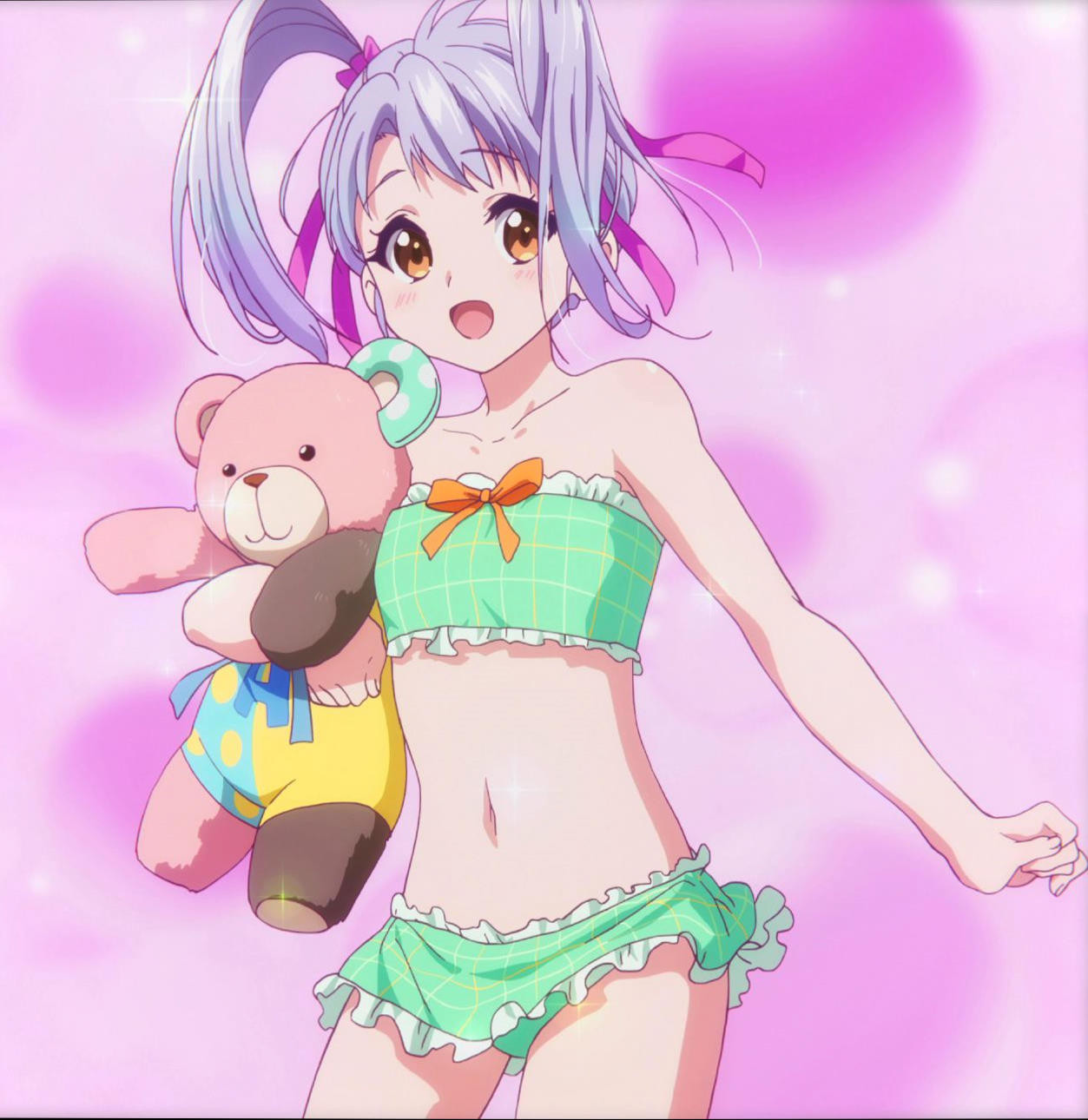 1girl, bikini, highres, kumamakura_kurumi, lavender_hair, looking_at_viewer, musaigen_no_phantom_world, open_mouth