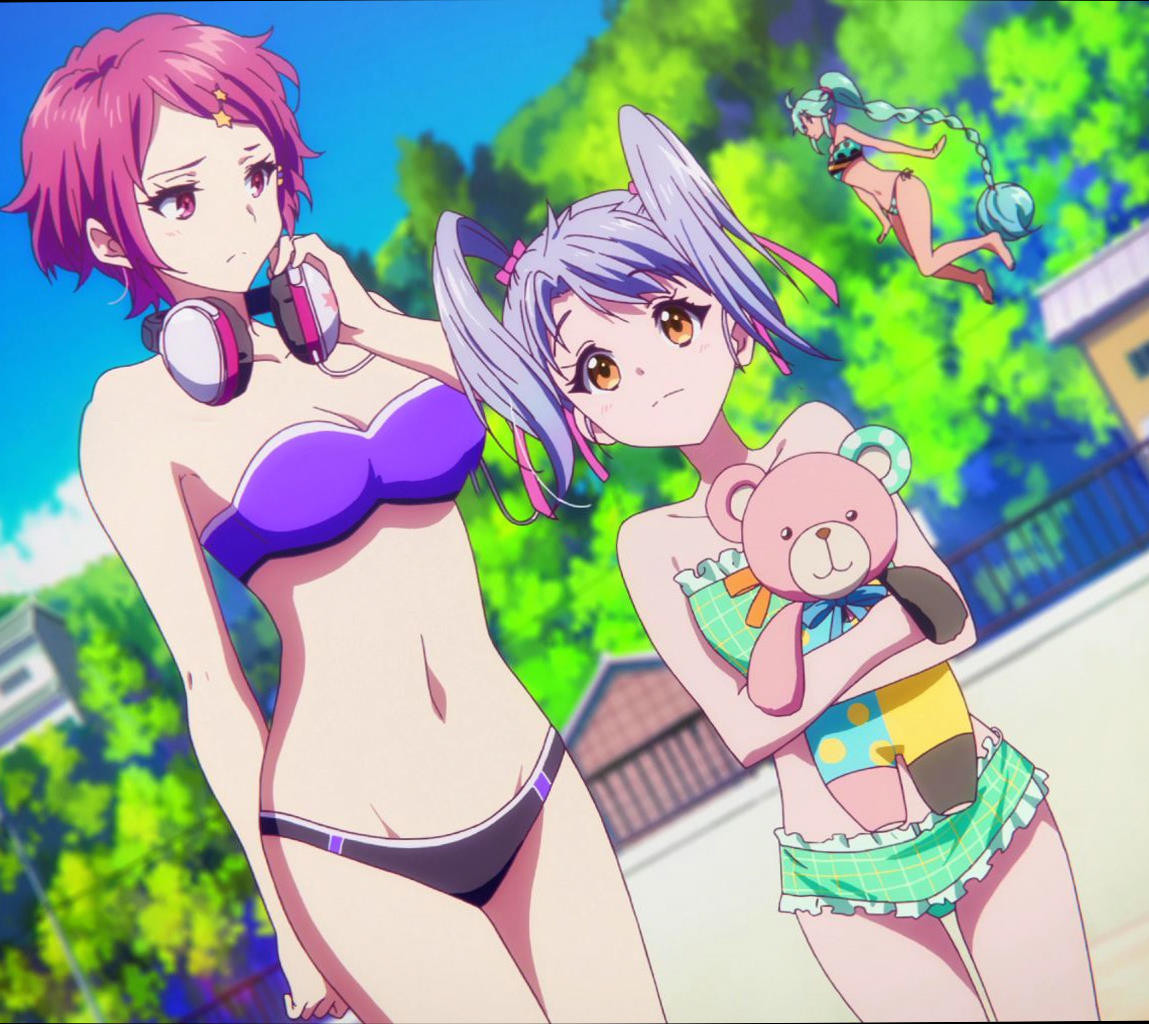 3girls, bikini, breasts, dark_skin, green_hair, headphones, kumamakura_kurumi, minase_koito