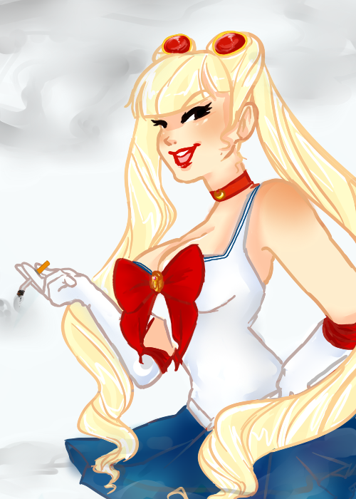1girl, adapted_costume, bangs, bishoujo_senshi_sailor_moon, blonde_hair, bow, choker, cigarette