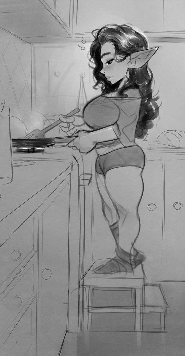 contemporary, cooking, incase, monochrome, pointy_ears, shorts, thick_thighs