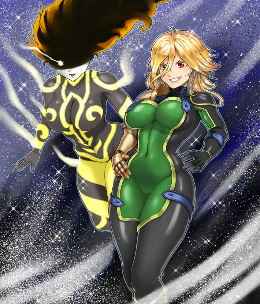 2girls, bodysuit, breasts, curvy, dimaria_yesta, dio_brando, fairy_tail, jojo_no_kimyou_na_bouken, large_breasts, long_hair, multiple_girls, smile, stand_(jojo), the_golden_smurf
