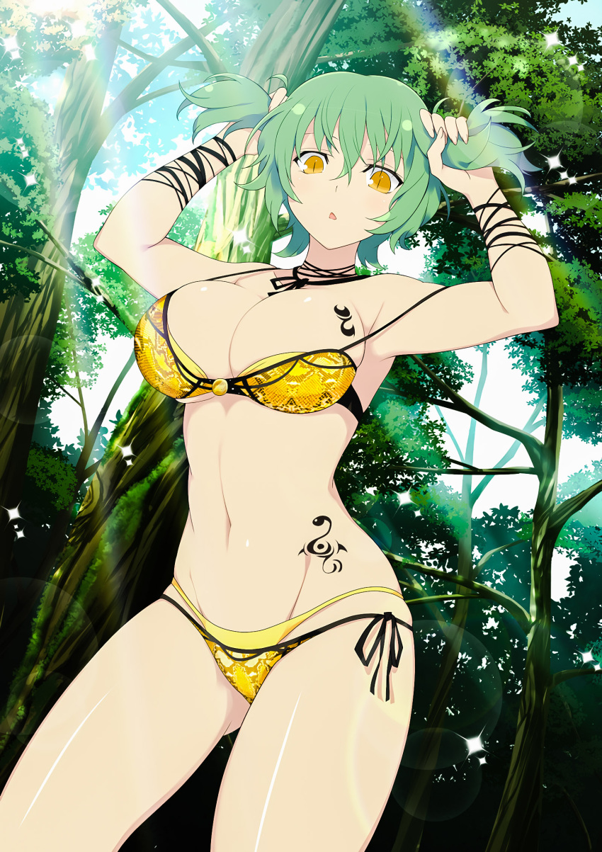 1girl, :o, armpits, arms_up, bikini, bra, breasts, bunching_hair