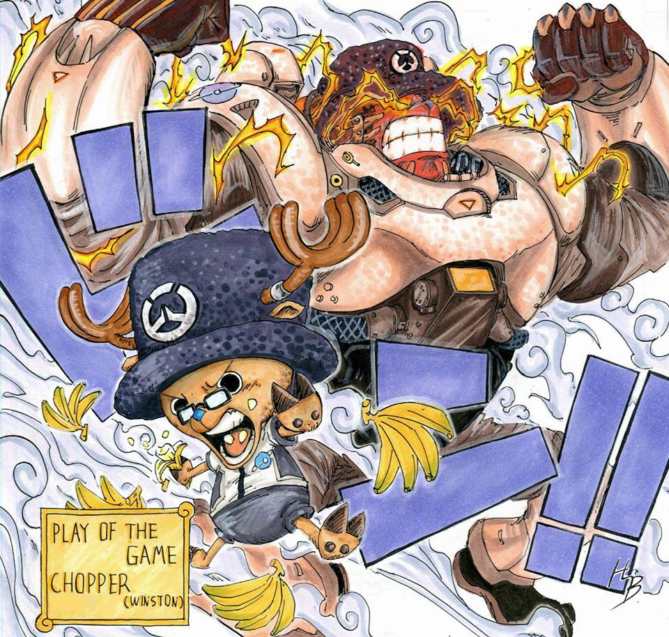 1boy, banana, cosplay, dual_persona, food, fruit, one_piece, overwatch, reindeer, style_parody, tony_tony_chopper, winston_(overwatch), winston_(overwatch)_(cosplay)