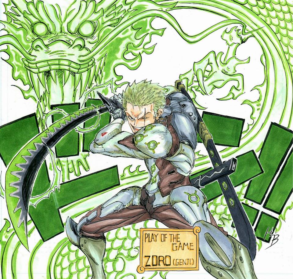 1boy, cosplay, dragon, genji_(overwatch), genji_(overwatch)_(cosplay), green_hair, one_piece, overwatch, roronoa_zoro, scar, style_parody, sword, weapon
