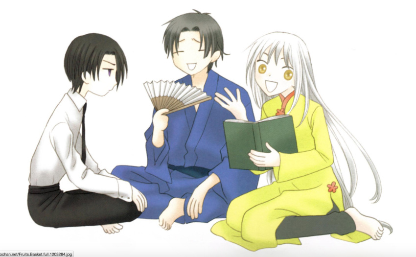 3boys, barefoot, black_hair, black_necktie, black_pants, book, closed_eyes, fan