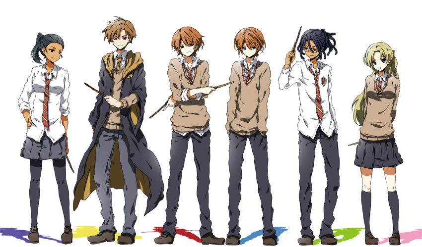 2girls, 4boys, angelina_johnson, black_hair, black_legwear, blonde_hair, brothers, brown_hair