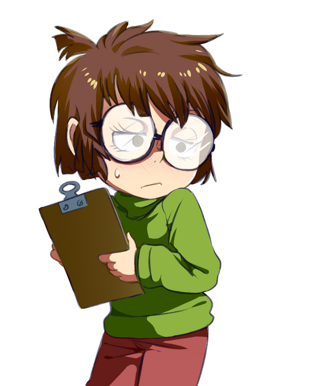 1girl, blush, brown_hair, child, clipboard, frown, glasses, jcm2, lisa_loud, sweater, the_loud_house