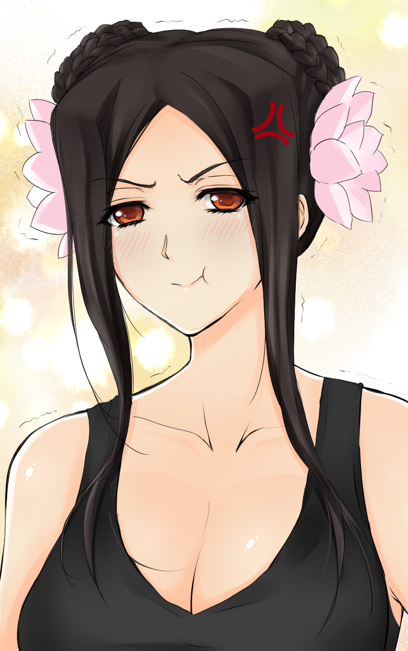 1girl, black_hair, breasts, brown_eyes, cleavage, flower, hair_flower, hair_ornament
