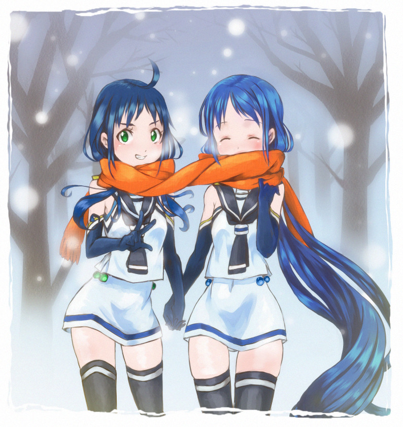 2girls, ahoge, bare_shoulders, blue_hair, closed_eyes, commentary_request, covered_mouth, elbow_gloves, gloves, green_eyes, grin, hand_holding, kantai_collection, kikisuke_t, long_hair, looking_at_viewer, multiple_girls, neckerchief, orange_scarf, outdoors, samidare_(kantai_collection), scarf, school_uniform, serafuku, shared_scarf, shirt, skirt, sleeveless, sleeveless_shirt, smile, snowing, suzukaze_(kantai_collection), thigh-highs, tied_hair, tree, twintails, v, very_long_hair, white_skirt, winter, zettai_ryouiki