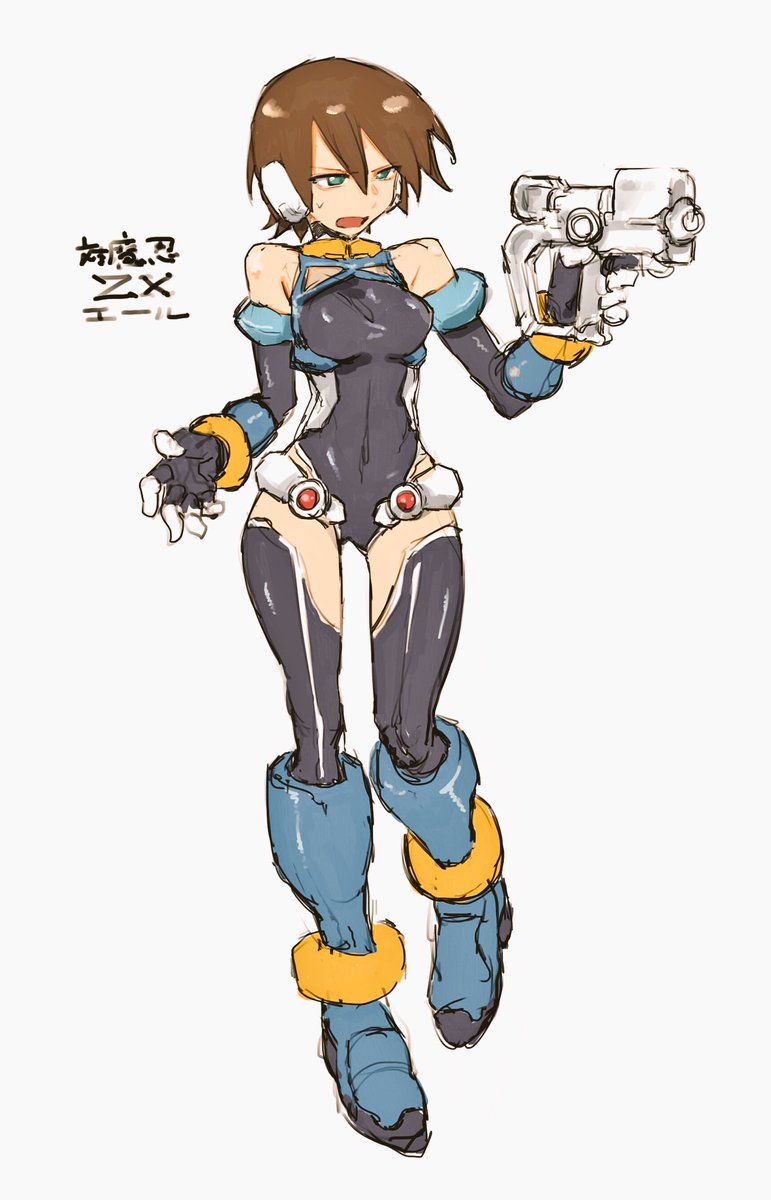 1girl, aile, aile_(mega_man_zx), anklet, bodysuit, boots, bracelet, brown_hair