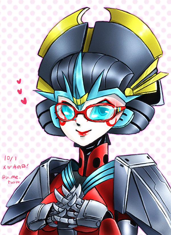 1girl, autobot, blue_eyes, glasses, headdress, mecha, mecha_girl, no_humans