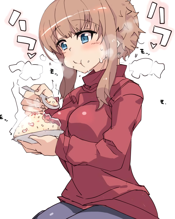 1girl, blue_eyes, blush, brown_hair, eating, food, kuneru_marta, long_hair, marta, osuman_toruko, turtleneck