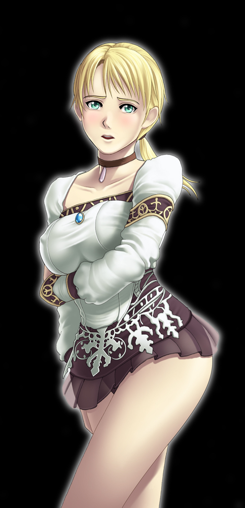 1girl, aqua_eyes, bangs, black_background, blonde_hair, blouse, blush, brooch