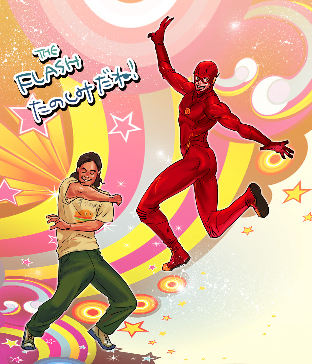 2boys, abstract_background, barry_allen, black_hair, bodysuit, brown_eyes, cisco_ramon, dark_skin, dc_comics, gloves, kannoponta, male_focus, mask, multiple_boys, open_mouth, smile, star, the_flash, vibe