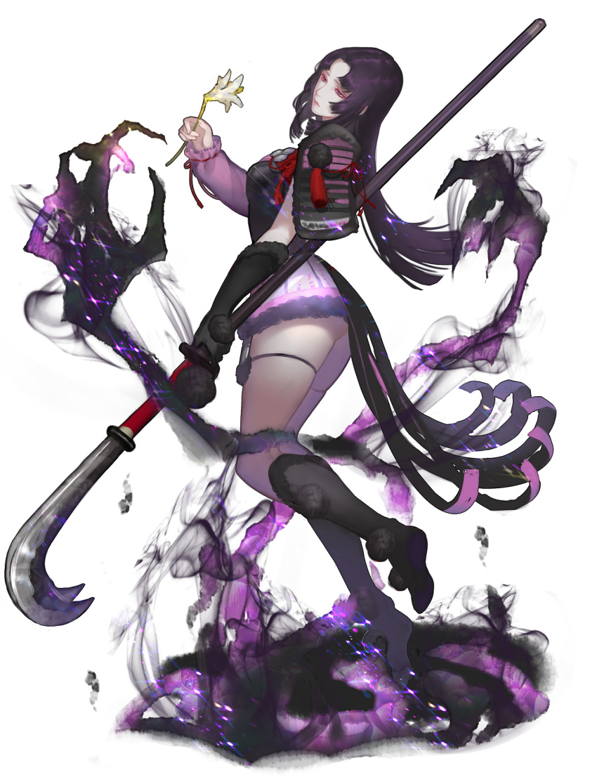 armor, ass, black_hair, flower, grey_eyes, japanese_clothes, naginata, oichi