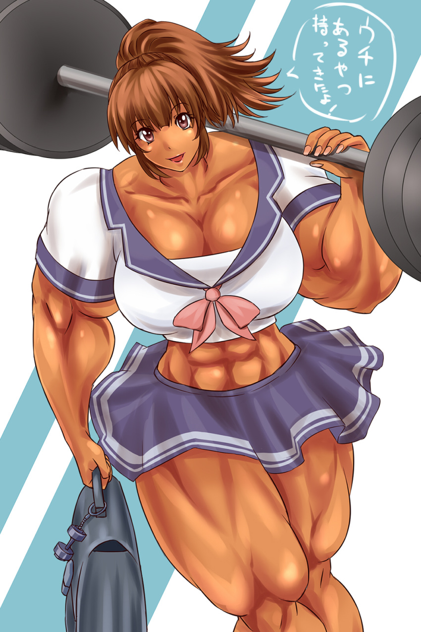bookbag, breasts, brown_eyes, brown_hair, extreme_muscles, happy, macto, ponytail