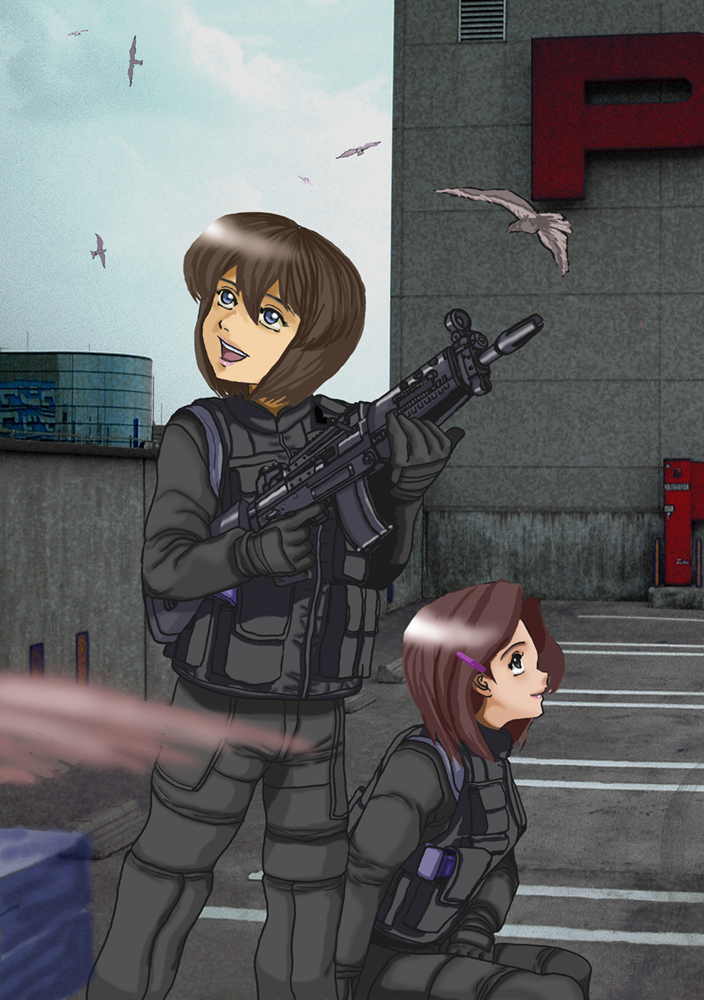 2girls, animal, assault_rifle, bird, blue_eyes, brown_hair, gun, multiple_girls