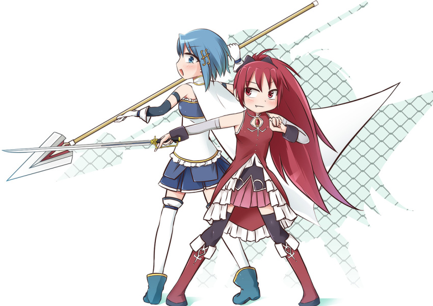 2girls, :d, bare_shoulders, black_legwear, blue_eyes, blue_hair, blush, boots, cape, detached_sleeves, fang, female, full_body, gloves, hair_bow, hair_ornament, long_hair, magical_girl, mahou_shoujo_madoka_magica, miki_sayaka, multiple_girls, open_mouth, polearm, red_eyes, redhead, sakura_kyouko, short_hair, simple_background, skirt, smile, spear, thigh-highs, tsukishiro_aishi, weapon, weapon_switch