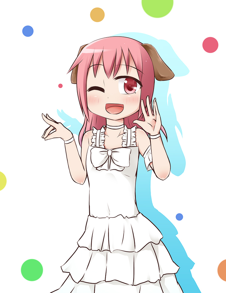 1girl, animal_ears, bow, dress, kaname_madoka, mahou_shoujo_madoka_magica, one_eye_closed, open_mouth