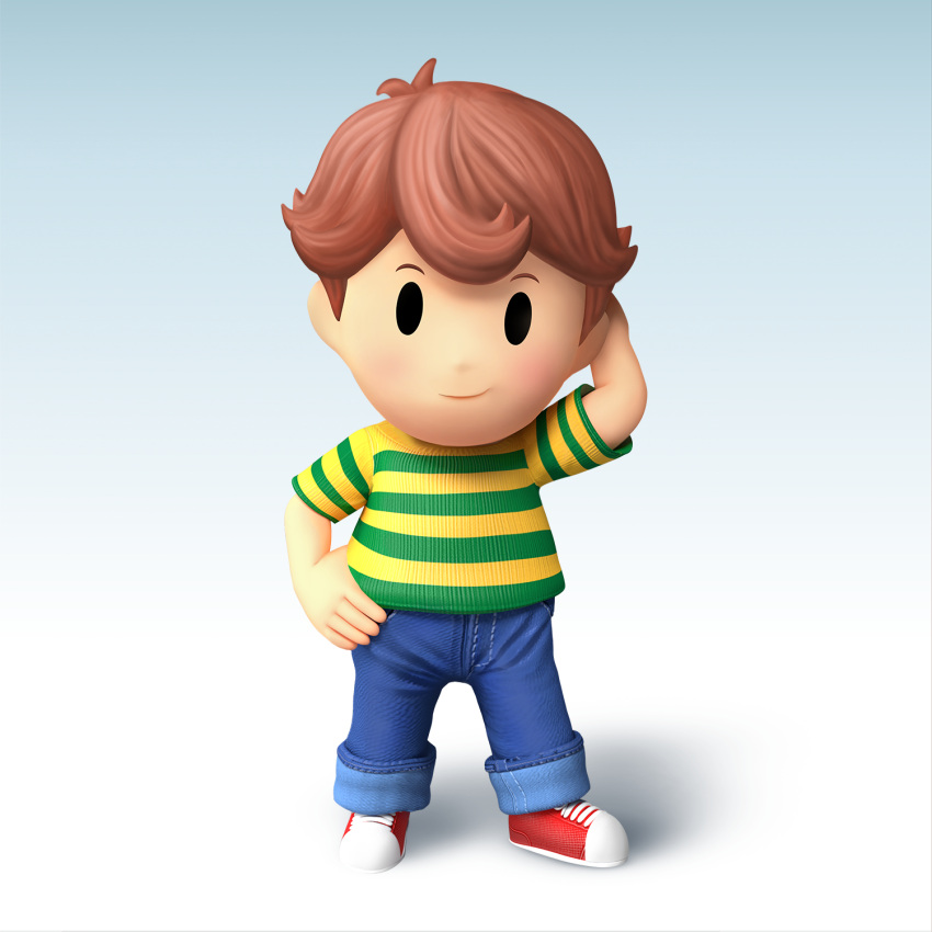 1boy, 3d, ape_(company), black_eyes, brown_hair, earthbound_(series), gradient, gradient_background