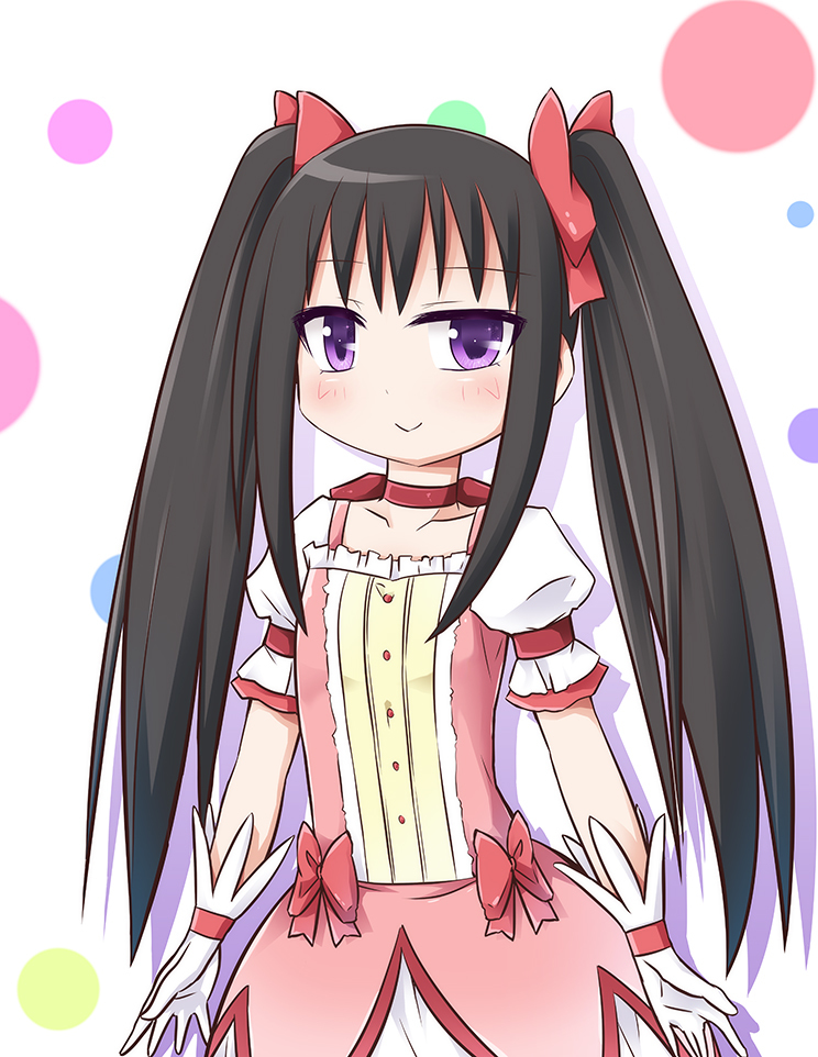 1girl, akemi_homura, black_hair, bow, choker, dress, gloves, hair_bow