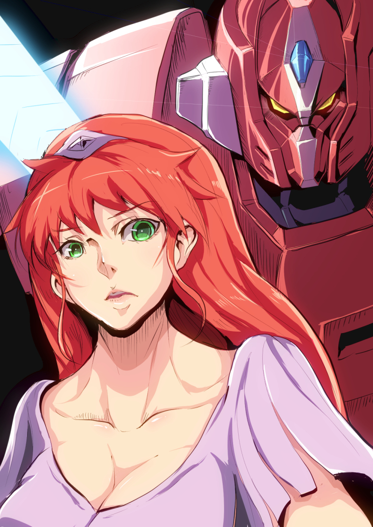 1girl, galient, green_eyes, hilmuka, kikou-kai_galient, long_hair, mecha, redhead