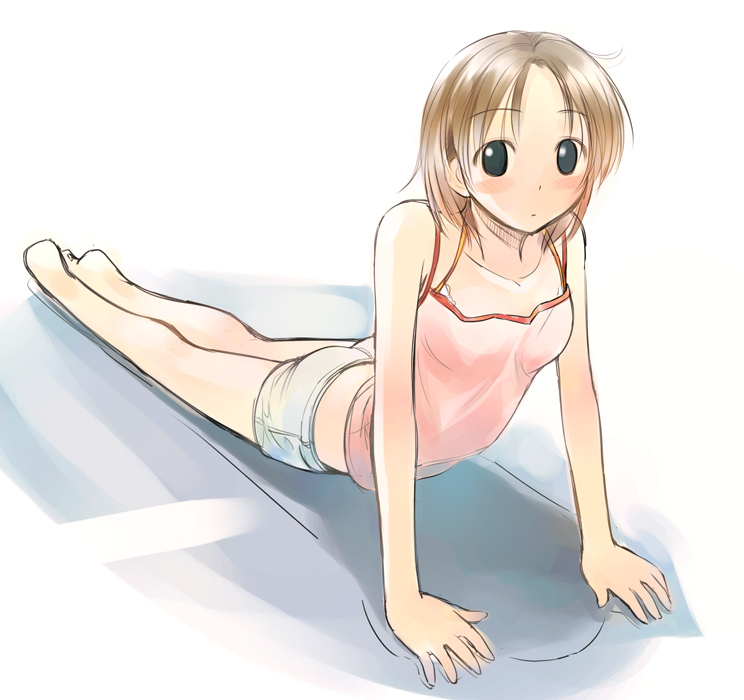 breasts, camisole, collarbone, denim, denim_shorts, exercise, hands, ikeda_jun