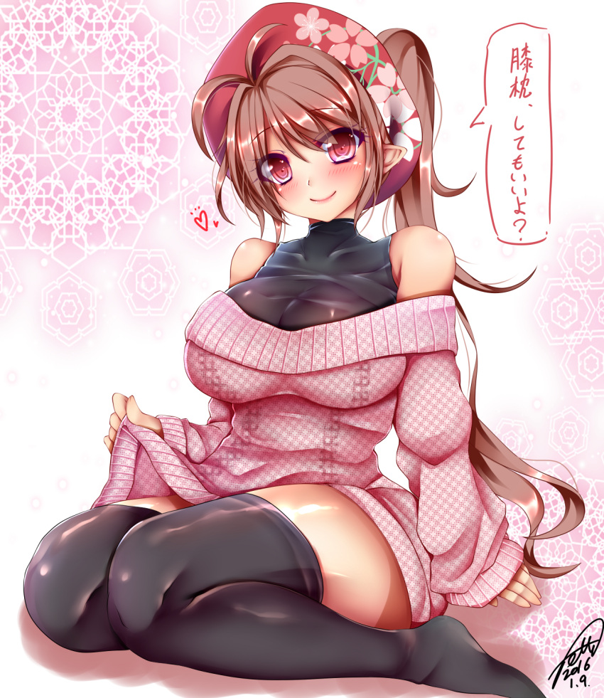 1girl, ahoge, bare_shoulders, black_legwear, blush, breasts, brown_hair, curvy