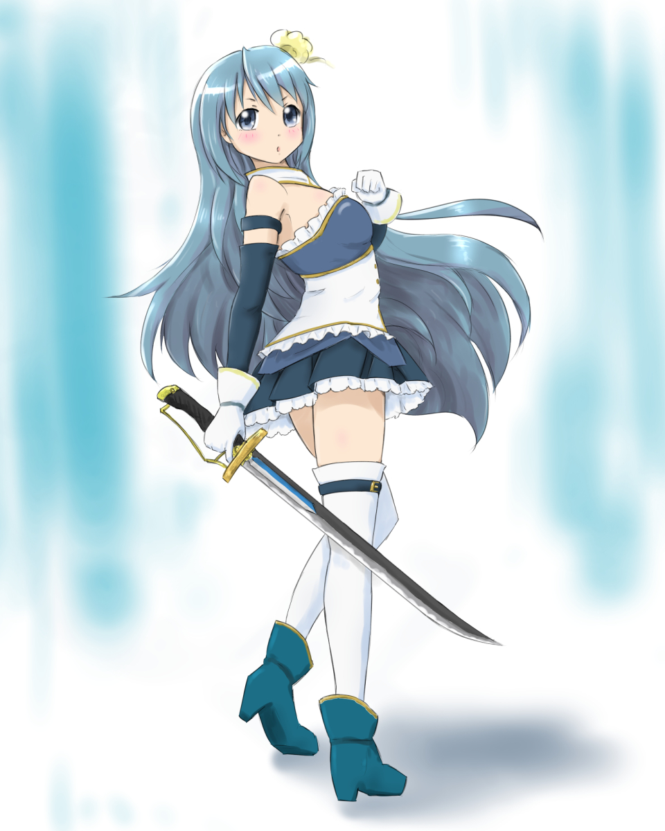 1girl, alternate_hair_length, blue_eyes, blue_hair, blush, boots, hair_ornament, long_hair
