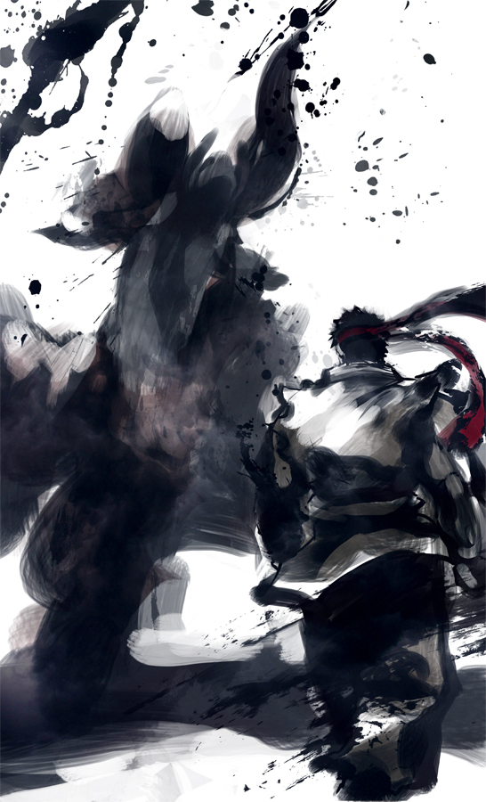 capcom, crossover, diablos, ink, monster_hunter, ryu, ryuu_(street_fighter), ryuuta_(ipse)