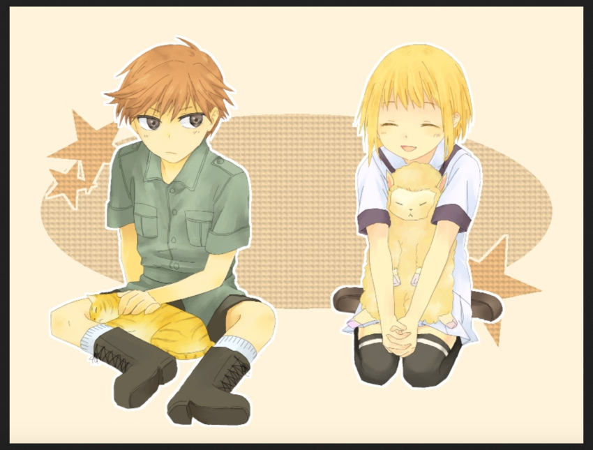 1boy, 1girl, ^_^, blonde_hair, boots, brown_eyes, brown_hair, fruits_basket