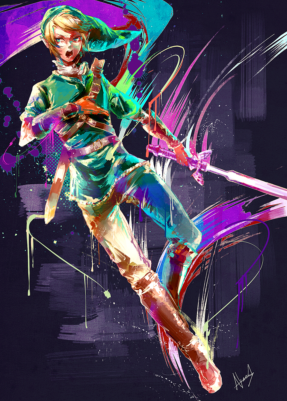 1boy, abstract_background, alyssa718, alyssa_(pixiv1037889), aqua_eyes, artist_signature, belt, belt_buckle, boots, brown_shoes, buckles, chainmail, fighting_stance, full_body, green_hat, green_headwear, green_outerwear, hat, holding_weapon, hylian, knee_boots, link, looking_to_side, male_focus, master_sword, open_mouth, pointy_ears, pointy_hat, scabbard, sheath, short_sleeves, solo, splatter, sword, the_legend_of_zelda, the_legend_of_zelda:_twilight_princess, tunic, turtleneck, undershirt, vambraces, weapon