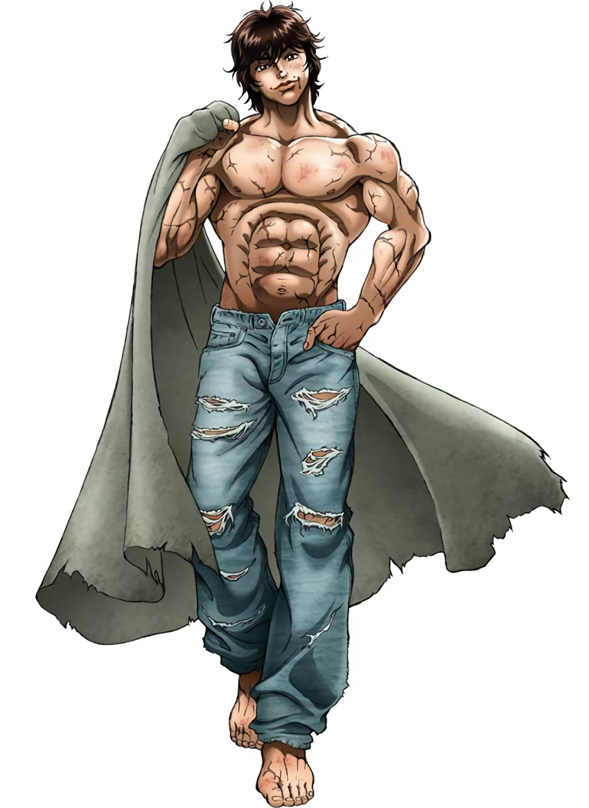 1boy, abs, brown_hair, grappler_baki, hanma_baki, jeans, muscle, short_hair