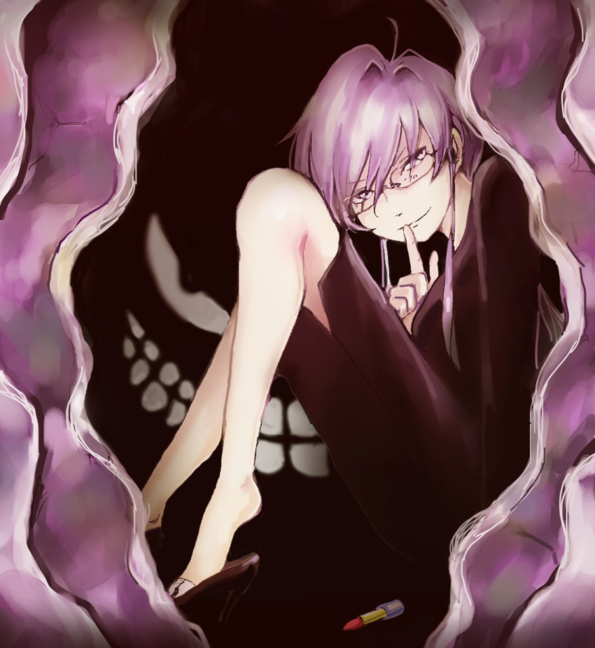 1girl, black_high_heels, black_shirt, black_skirt, cloyster, elite_four, finger_on_mouth, glasses