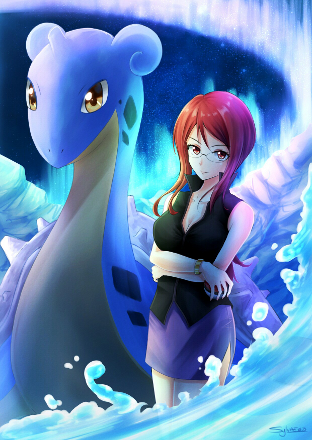 1girl, bare_arms, bare_shoulders, bracelet, breasts, cleavage, crossed_arms, elite_four, glasses, ice, iceberg, jewelry, kanna_(pokemon), lapras, large_breasts, long_hair, miniskirt, pokemon, pokemon_(game), pokemon_frlg, ponytail, red_eyes, redhead, skirt, sleeveless, standing