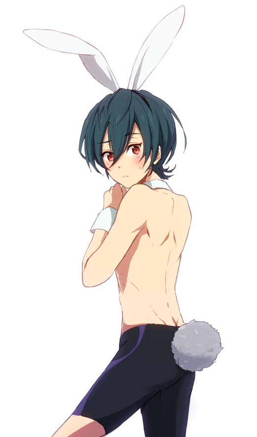 1boy, blush, bunny_tail, detached_collar, detached_sleeves, green_hair, high_speed!, kirishima_ikuya