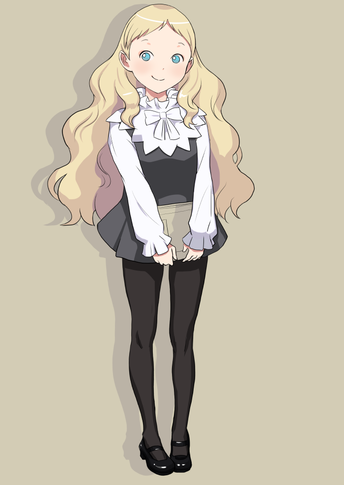1girl, black_legwear, blonde_hair, blue_eyes, blush, child, long_hair, maid, mary_janes, pantyhose, school_uniform, smile, solo, standing, takatou_sora, uniform, very_long_hair