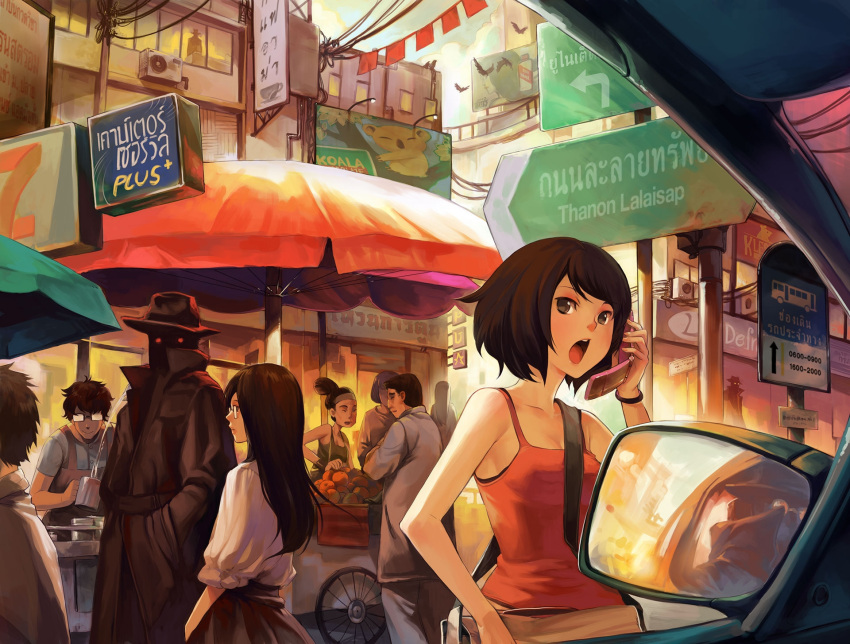 3girls, 4boys, brown_eyes, brown_hair, car, cell, cellphone, crowd