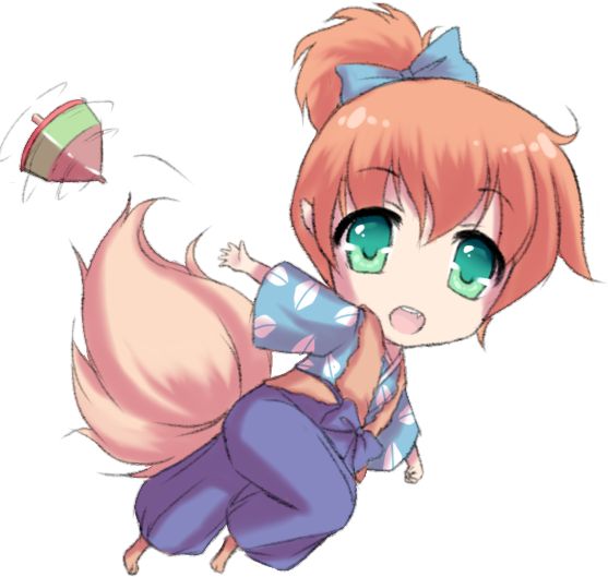 1boy, bow, chibi, fox_tail, fur_vest, green_eyes, hair_bow, inuyasha, kitsune, lady_suchiko, leaf_print, open_mouth, orange_hair, pointy_ears, ponytail, shippou_(inuyasha), simple_background, solo, spinning_top, tail, white_background